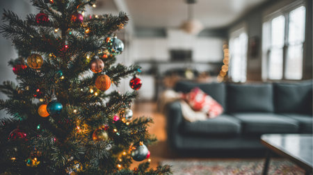 gentle festive glow spreads across a cozy living room creating soft warm holiday charm.の素材