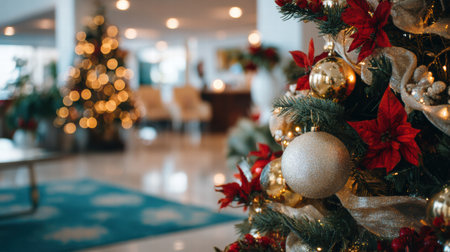 Cozy hotel interior glowing with warm festive lights creating a soft holiday mood.の素材