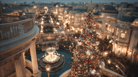 Elegant hotel interior glowing with Christmas accents and dreamy festive ambience.の素材