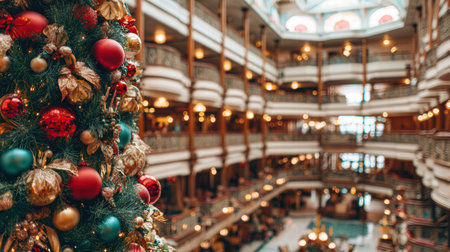 Cozy festive hotel space illuminated with Christmas lights creating soft blurred glow.の素材