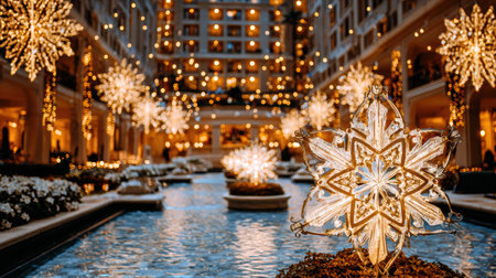 Cozy hotel interior glowing with warm festive lights creating a soft holiday mood.の素材