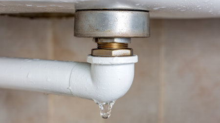 Water dripping from damaged sink showing common home leak maintenance concept scene..の素材