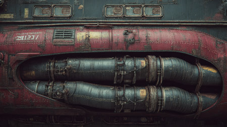 Marine ship engine concept featuring pipes, turbines, and industrial mechanics..の素材