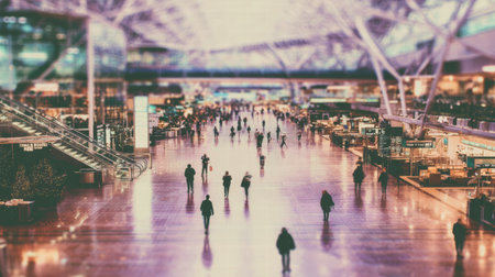 Blurred airport terminal background with moving passengers creating modern travel mood.の素材