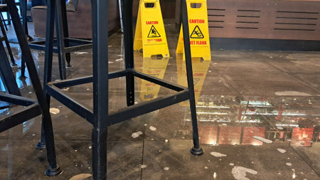 Water leaking across cafe floor after toilet malfunction with wet floor signsの写真素材
