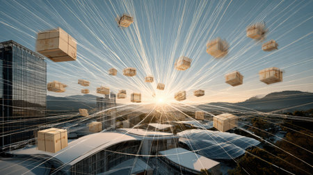 Futuristic AI logistics system, automated parcel handling, workflow concept.の素材