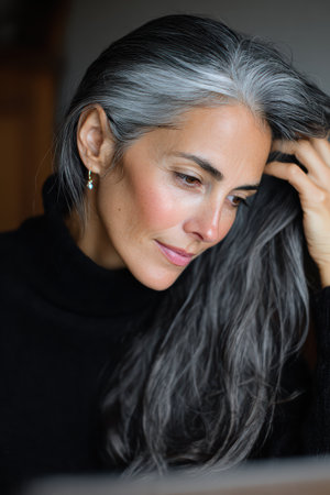 Aging woman concept focused on psychological adaptation and confidence.の素材