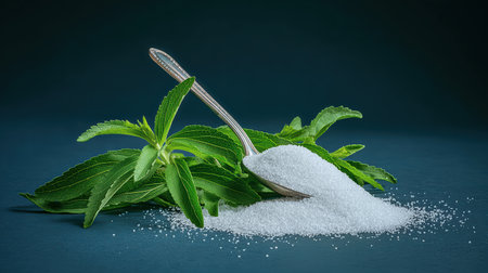 Stevia concept emphasizing sugar replacement in beverages and desserts.の素材
