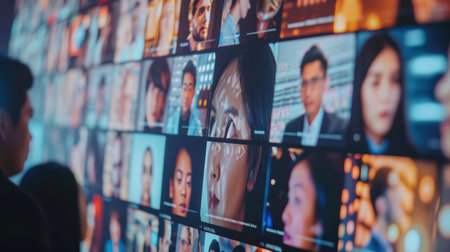 Diverse group of people engaged with a large screen displaying multiple faces, highlighting emotions and reactions in a contemporary tech settingの素材