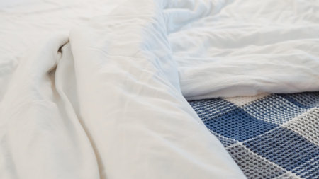 White bedding partially covers a blue patterned blanket on a neatly made bed
