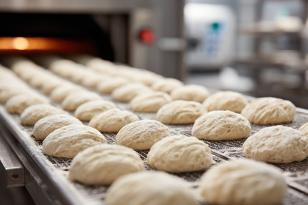 Multiple pieces of bread dough proofing on a tray in a bakery, ready for bakingの素材