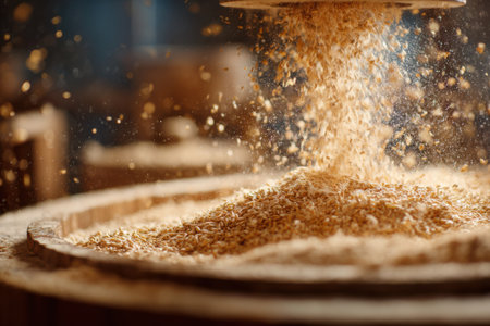 Wheat grains being milled into flour, showcasing traditional milling techniques in a rustic settingの素材
