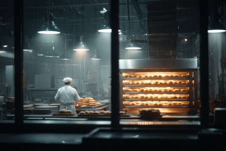 Industrial bakery at night with baker in white uniform tending to racks of baked goodsの素材