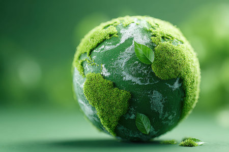 Earth globe adorned with lush green grass and leaves, set against a clean backgroundの写真素材