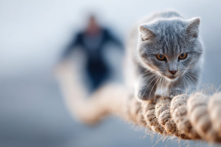 Businessperson in background holds safety rope while gray cat walks along it on a ropeの素材