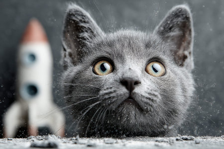Close-up of a gray cat with large eyes watching a small rocket in a workshop environmentの素材