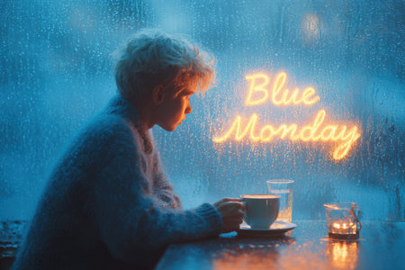 Individual with short hair in a cozy sweater sits by a window with rain, holding a cupの素材