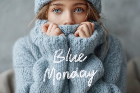 Female model in a light blue sweater poses with hands near her face for Blue Monday themeの素材