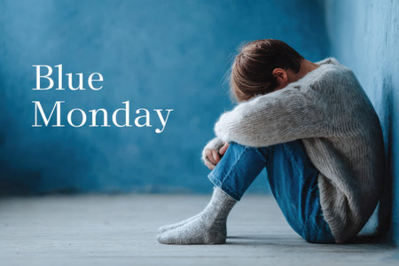 Individual in a gray sweater sits on the floor with head down against a blue wallの素材