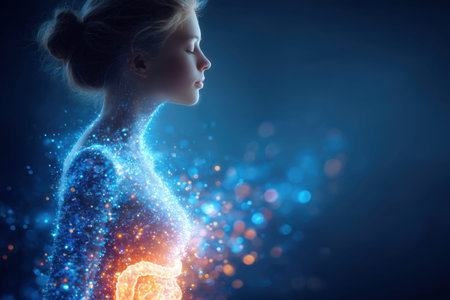 Intestinal microbiota concept showing interaction between gut bacteria and body..の素材