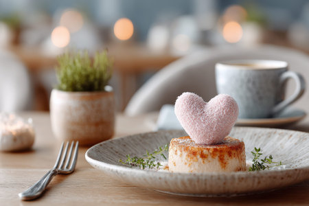 Heart-shaped dessert on a plate with a coffee cup and candles in a cozy dining settingの素材