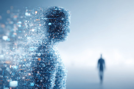 Fragmented human silhouette composed of digital elements with a blurred figure in the backgroundの素材