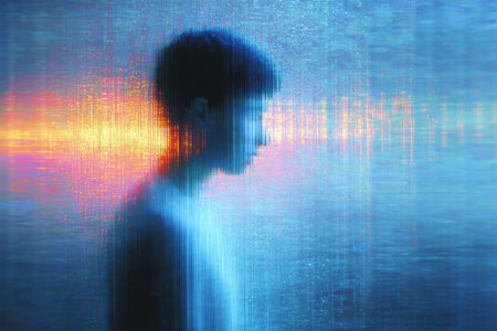 Silhouette of a person surrounded by digital noise and colorful distortion effectsの素材