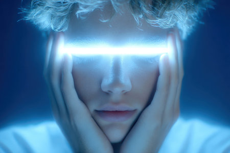 Individual with illuminated eyes holds their head, representing mental overload and digital noiseの素材