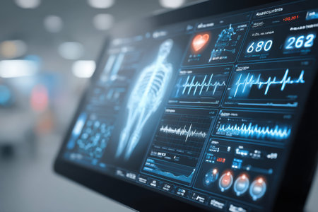 Digital screen shows heart rate, blood pressure, and other vital signs in a medical environmentの素材