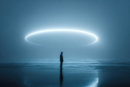 Faceless figure in dark attire stands by the ocean beneath a glowing circular light in fogの素材