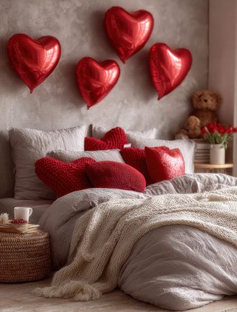 Red metallic heart-shaped balloons float above a stylish bed with decorative pillows and a teddy bearの素材