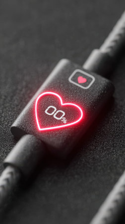 Heart-shaped charging cable with glowing icons and digital display against a black backgroundの素材