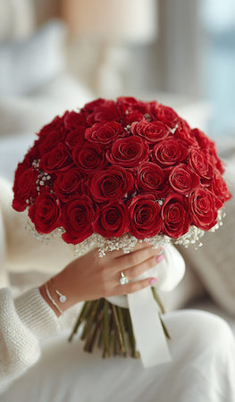 A large bouquet of red roses wrapped in white ribbon is held by a hand with rings in a bright roomの素材