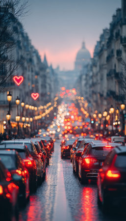 Traffic lights shaped like hearts illuminate a busy street in Paris during Valentine's Dayの素材
