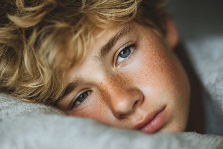 Young male with curly blonde hair lies on a bed, gazing up at the ceiling in contemplationの素材