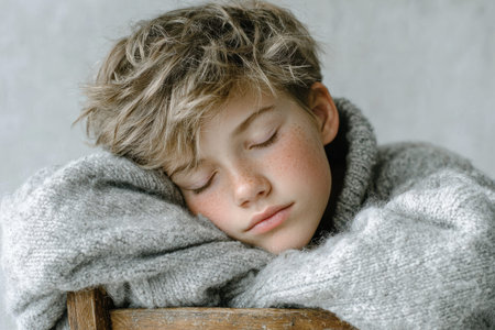 Young male with closed eyes rests his head on arms, wearing a cozy gray sweater on a wooden chairの素材