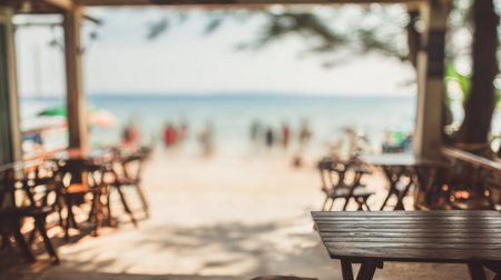Seaside bar interior blurred as lifestyle and travel background.の素材