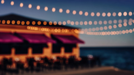 Blurred background of beach bar representing summer leisure and seaside lifestyle.の素材