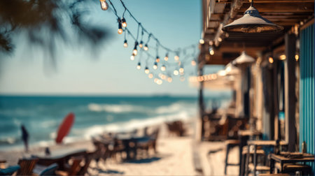 Tropical beach bar background with soft blur for vacation themes.の素材