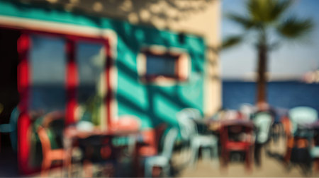 Blurred background of beach bar representing summer leisure and seaside lifestyle.の素材