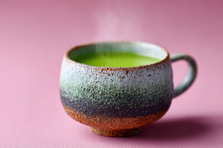 Green tea lifestyle background for calm and mindful living.の素材
