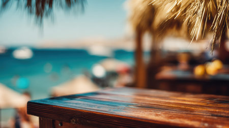 Tropical beach bar background with soft blur for vacation themes.の素材