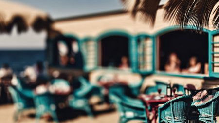Blurred background of beach bar representing summer leisure and seaside lifestyle.の素材