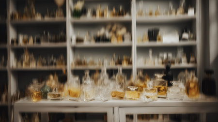Luxury fragrance boutique background with soft blur and elegant atmosphere.の素材