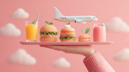 Hands present a tray of vibrant meals with an airplane model above on a pink backgroundの素材