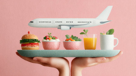 Hands holding a tray with airplane meal, including a burger, salad, and drink against a pink backgroundの素材