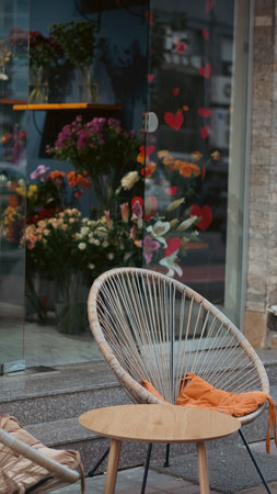 Stylish chair with orange cushion in front of a flower shop showcasing colorful floral arrangementsの写真素材