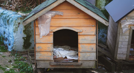 Wooden dog house with an open entrance showing bedding inside, located outdoorsの写真素材