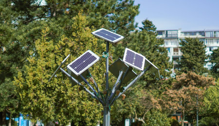 Solar energy panels installed on a contemporary structure surrounded by trees in a parkの写真素材