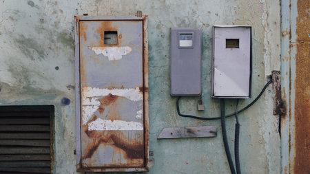 Two old electrical panels with rust and peeling paint attached to a textured wall